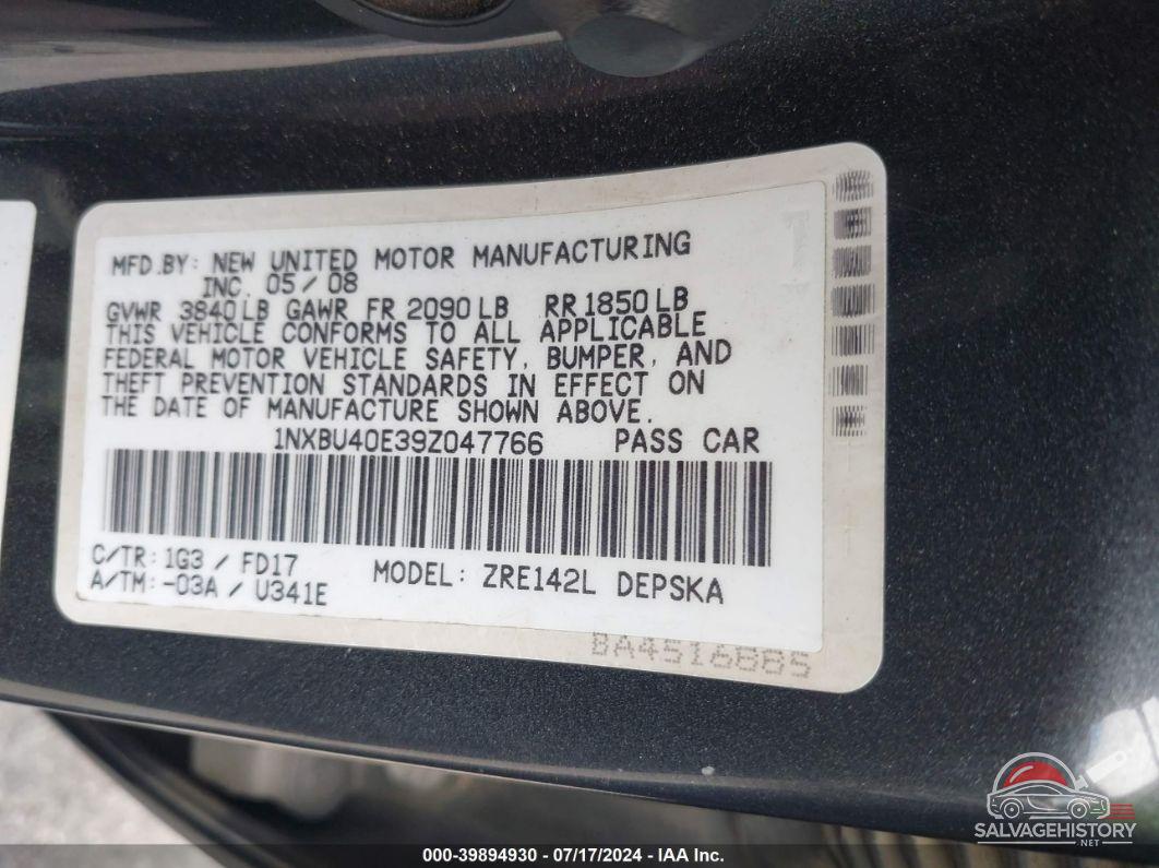 1NXBU40E39Z047766 2009 TOYOTA COROLLA photo no. 9