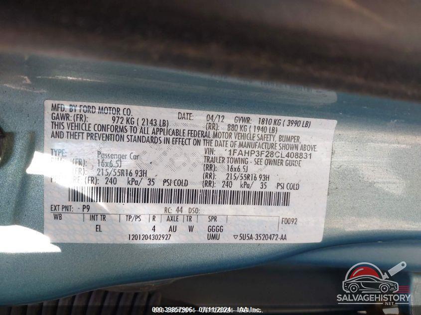 1FAHP3F28CL408831 2012 FORD FOCUS photo no. 9