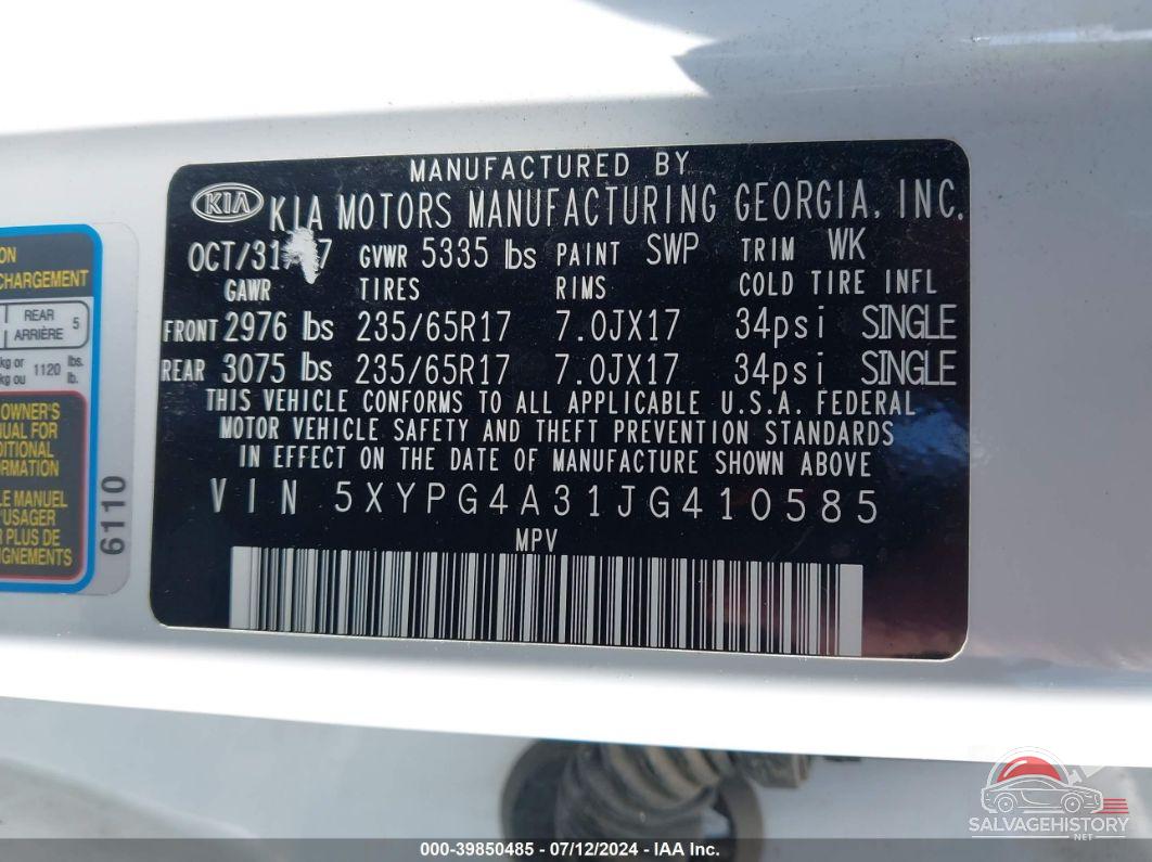 5XYPG4A31JG410585 2018 KIA SORENTO photo no. 9
