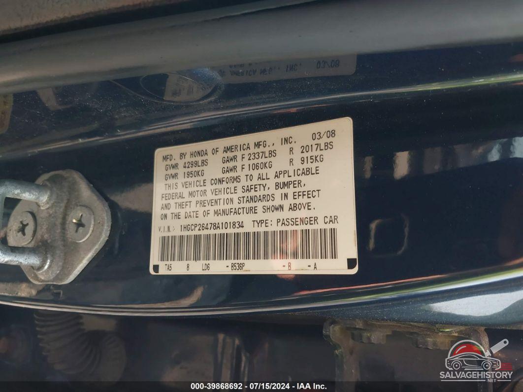 1HGCP26478A101834 2008 HONDA ACCORD photo no. 9