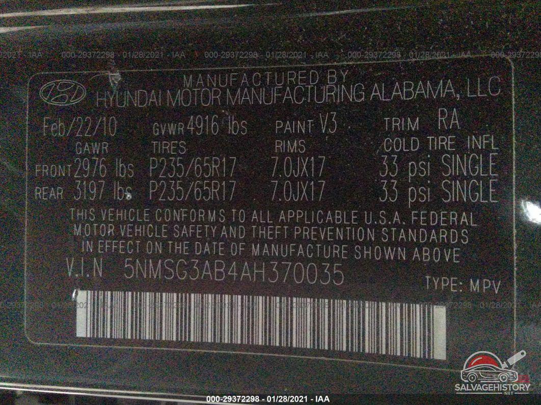 5NMSG3AB4AH370035 2010 HYUNDAI SANTA FE photo no. 9