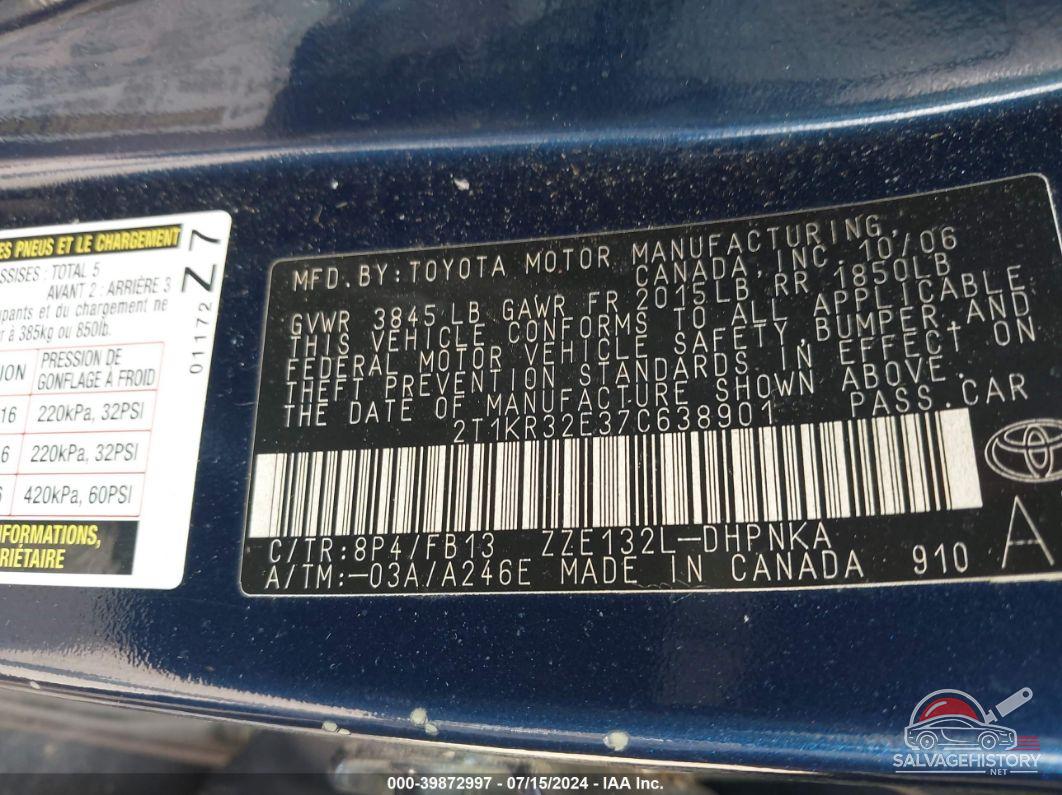 2T1KR32E37C638901 2007 TOYOTA MATRIX photo no. 9