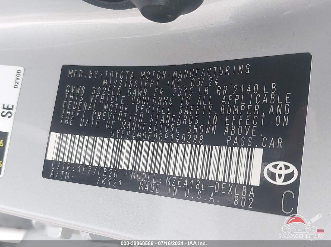 5YFB4MDE9RP149388 2024 TOYOTA COROLLA photo no. 9