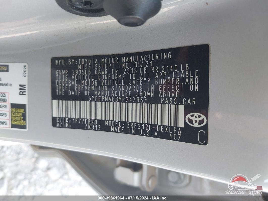 5YFEPMAE6MP247957 2021 TOYOTA COROLLA photo no. 9