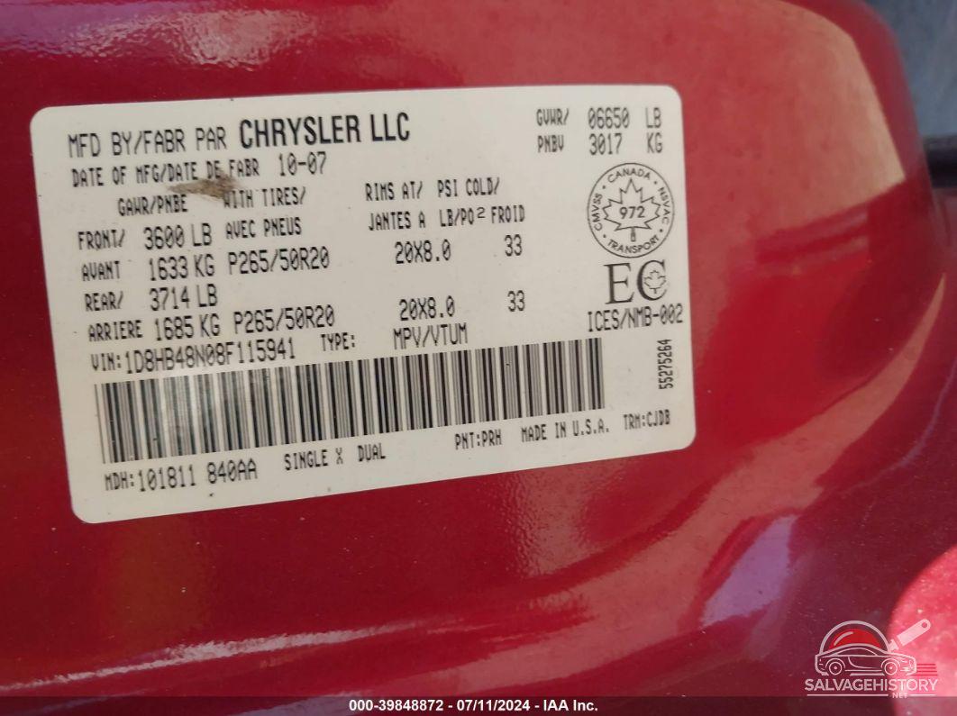1D8HB48N08F115941 2008 DODGE DURANGO photo no. 9