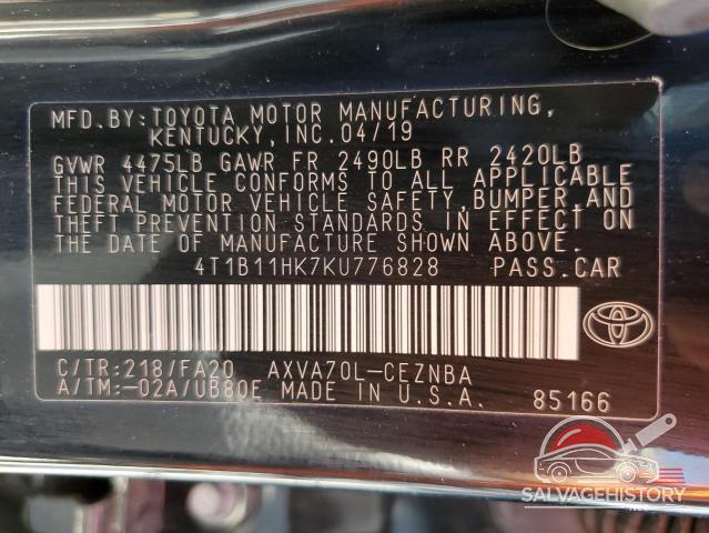 4T1B11HK7KU776828 2019 TOYOTA CAMRY photo no. 13