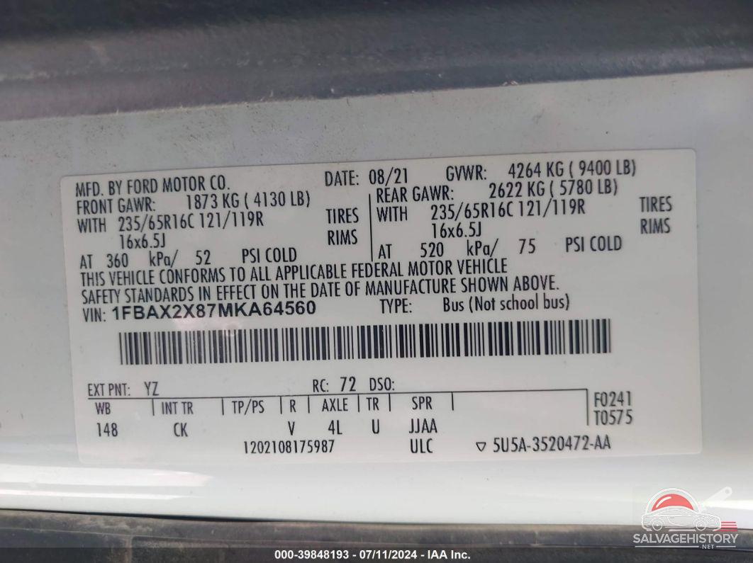 1FBAX2X87MKA64560 2021 FORD TRANSIT photo no. 9