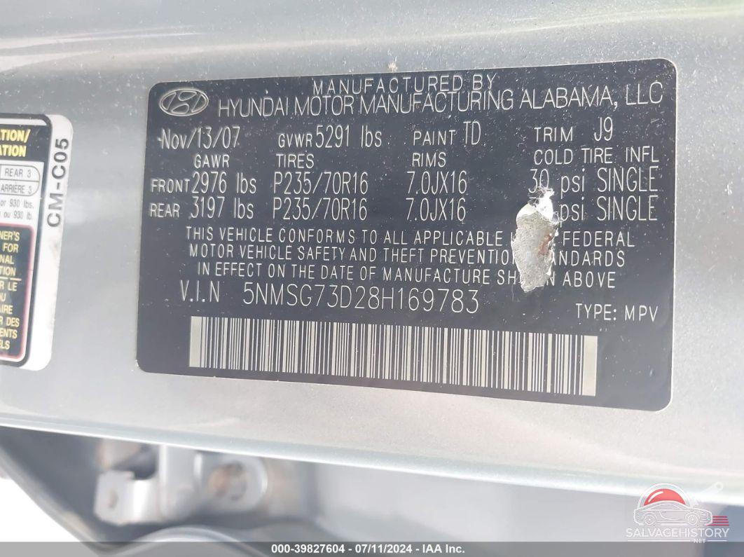 5NMSG73D28H169783 2008 HYUNDAI SANTA FE photo no. 9