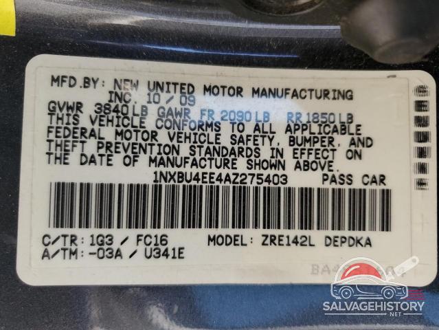 1NXBU4EE4AZ275403 2010 TOYOTA COROLLA photo no. 12
