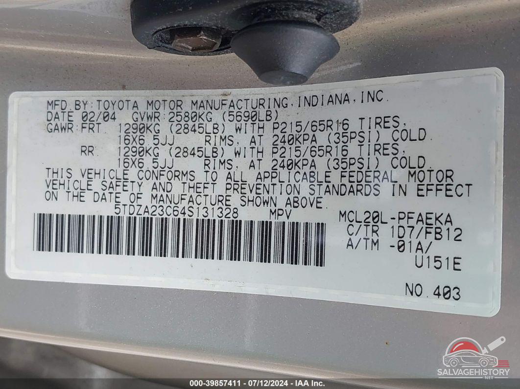 5TDZA23C64S131328 2004 TOYOTA SIENNA photo no. 9