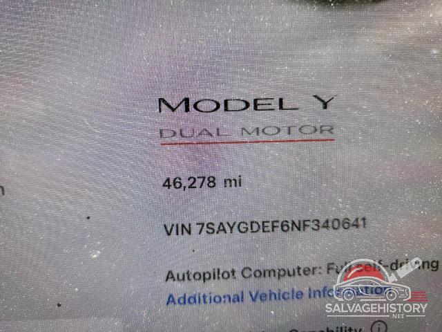 7SAYGDEF6NF340641 2022 TESLA MODEL Y photo no. 9