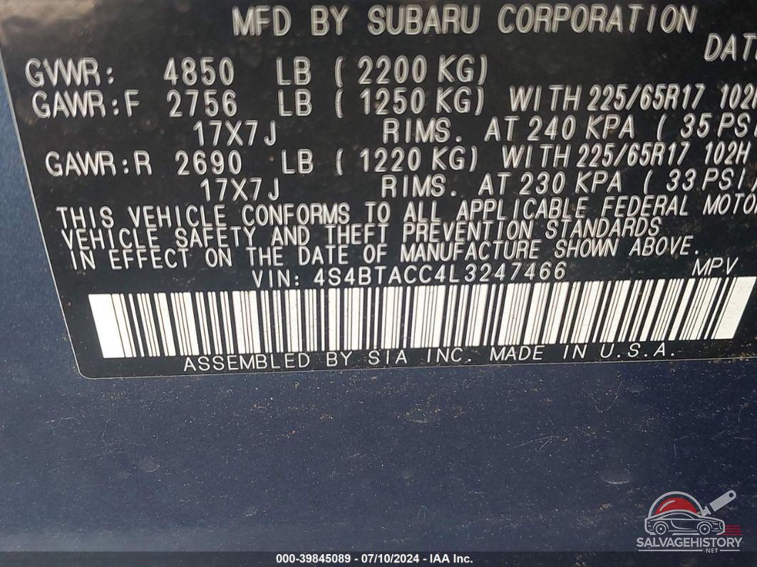 4S4BTACC4L3247466 2020 SUBARU OUTBACK photo no. 9
