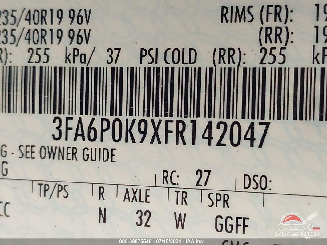 3FA6P0K9XFR142047 2015 FORD FUSION photo no. 9