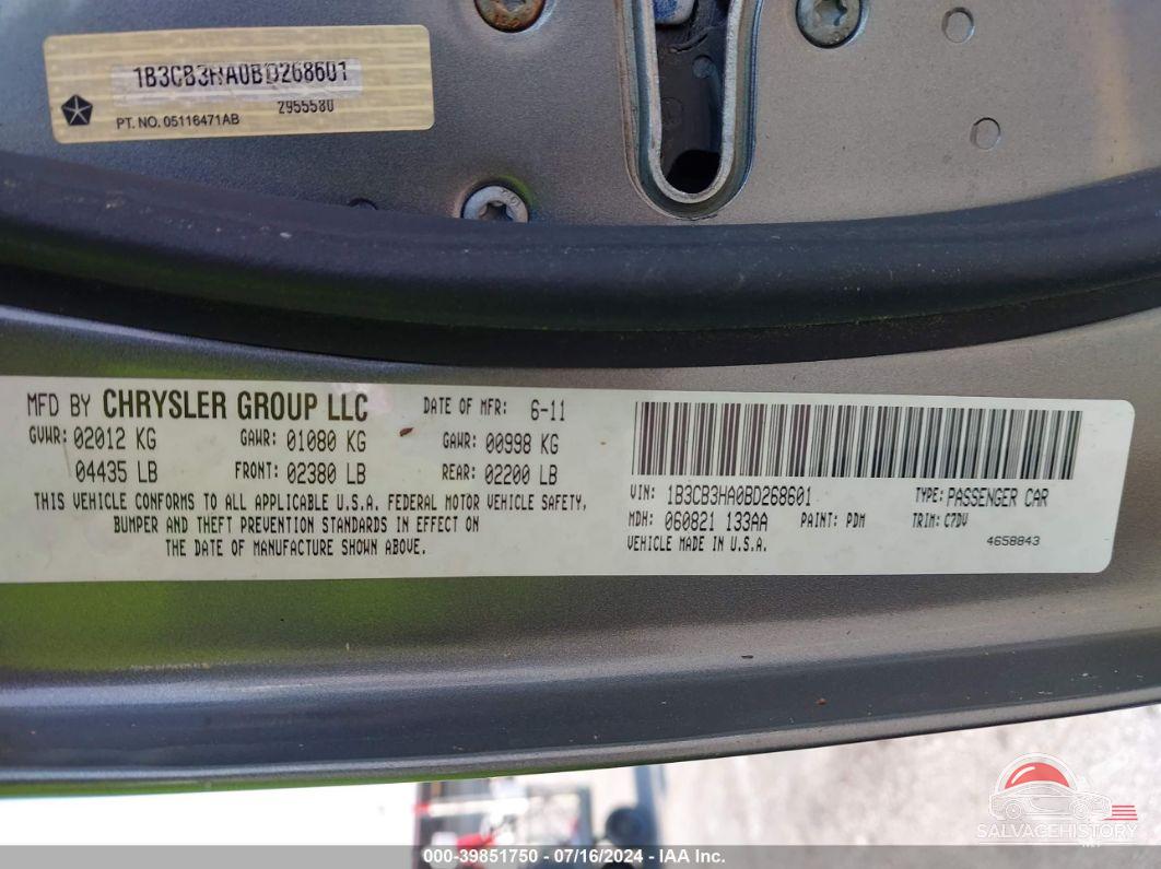 1B3CB3HA0BD268601 2011 DODGE CALIBER photo no. 9
