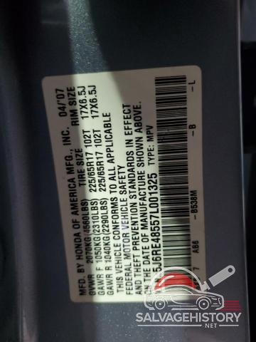 5J6RE48557L001325 2007 HONDA CRV photo no. 14