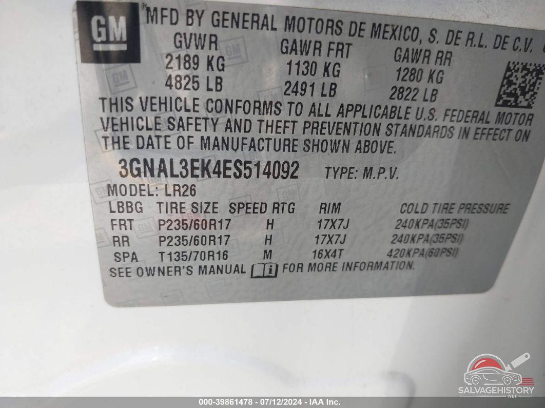 3GNAL3EK4ES514092 2014 CHEVROLET CAPTIVA SPORT photo no. 9
