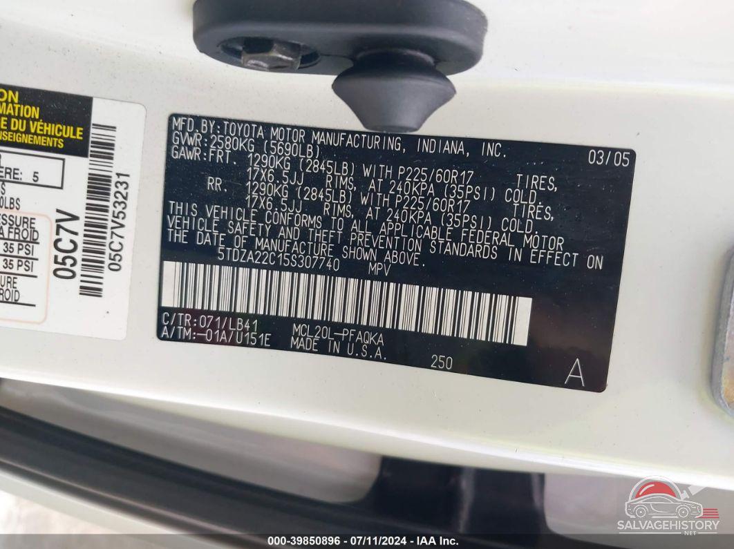 5TDZA22C15S307740 2005 TOYOTA SIENNA photo no. 9