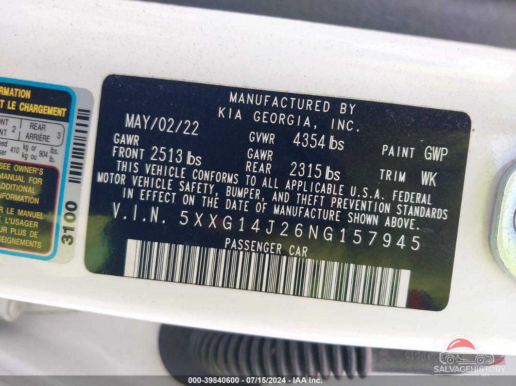 5XXG14J26NG157945 2022 KIA K5 photo no. 9