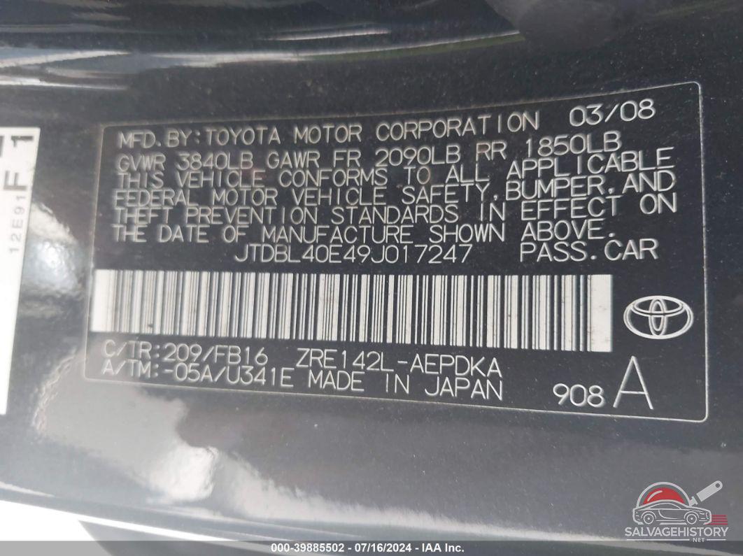 JTDBL40E49J017247 2009 TOYOTA COROLLA photo no. 9