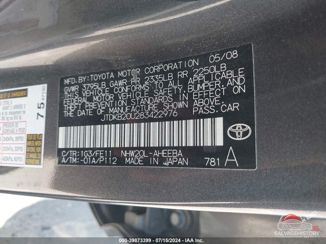 JTDKB20U283422976 2008 TOYOTA PRIUS photo no. 9