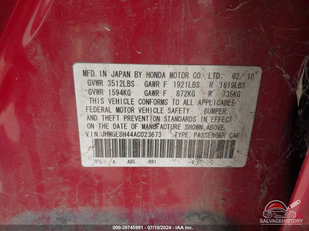 JHMGE8H44AC023673 2010 HONDA FIT photo no. 9