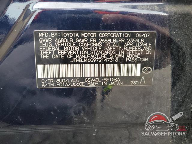 JTHBJ46G972147318 2007 LEXUS ES350 photo no. 12