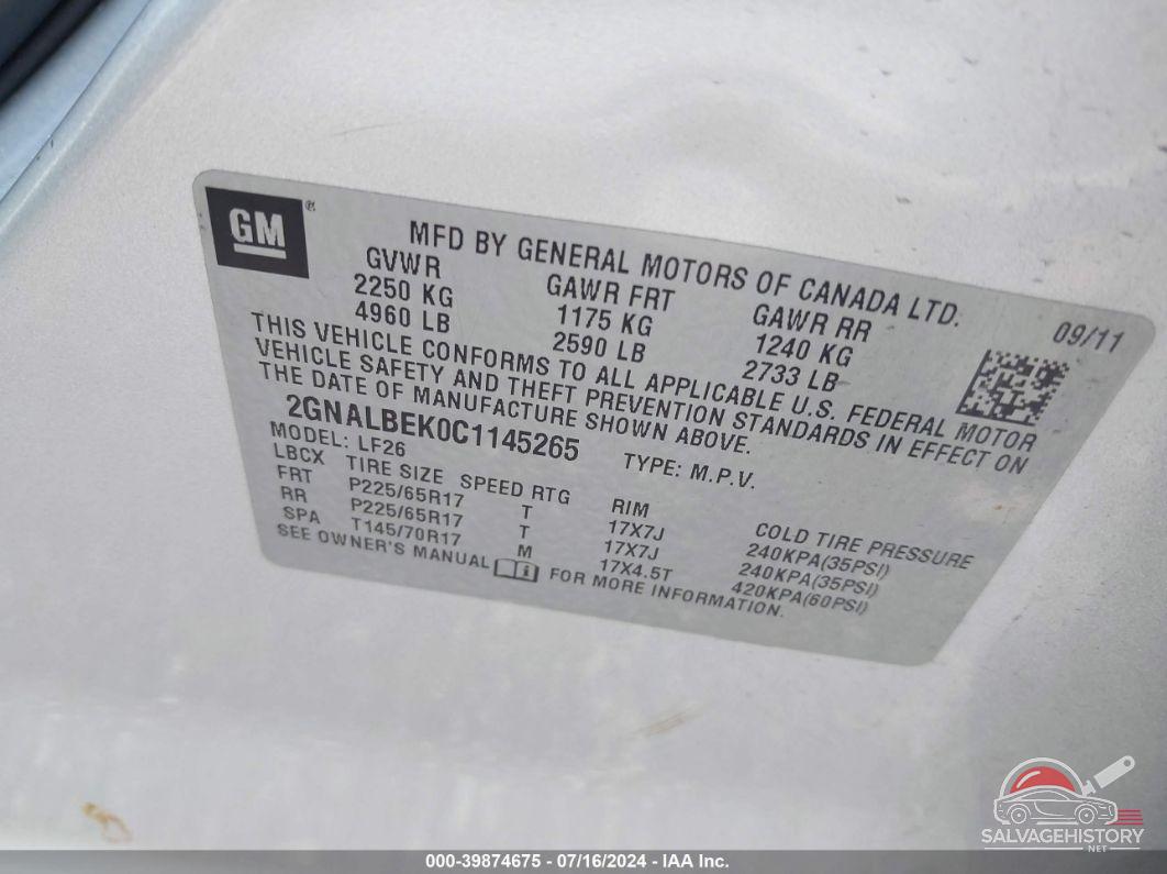2GNALBEK0C1145265 2012 CHEVROLET EQUINOX photo no. 9