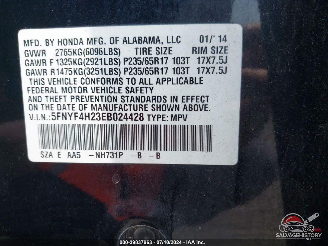 5FNYF4H23EB024428 2014 HONDA PILOT photo no. 9
