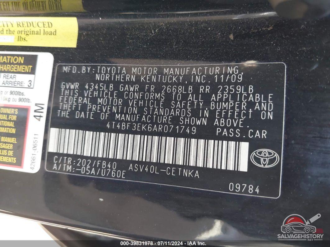 4T4BF3EK6AR071749 2010 TOYOTA CAMRY photo no. 9