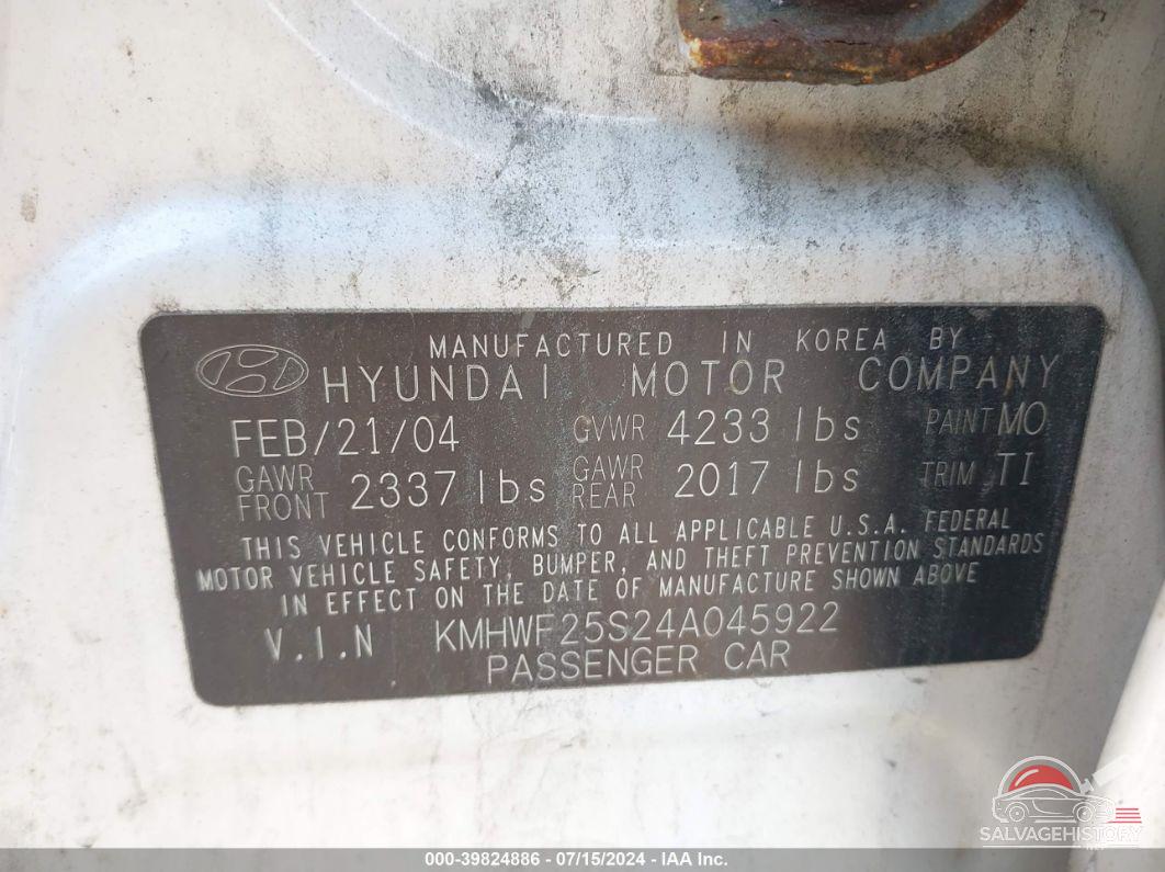 KMHWF25S24A045922 2004 HYUNDAI SONATA photo no. 9