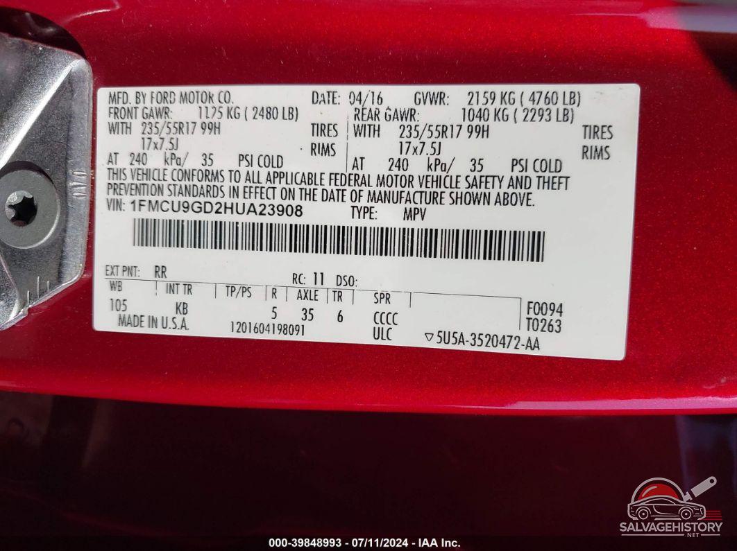 1FMCU9GD2HUA23908 2017 FORD ESCAPE photo no. 9