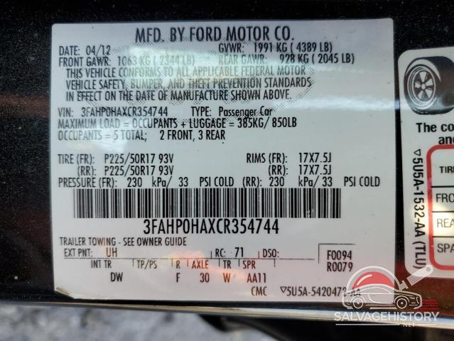 3FAHP0HAXCR354744 2012 FORD FUSION photo no. 12