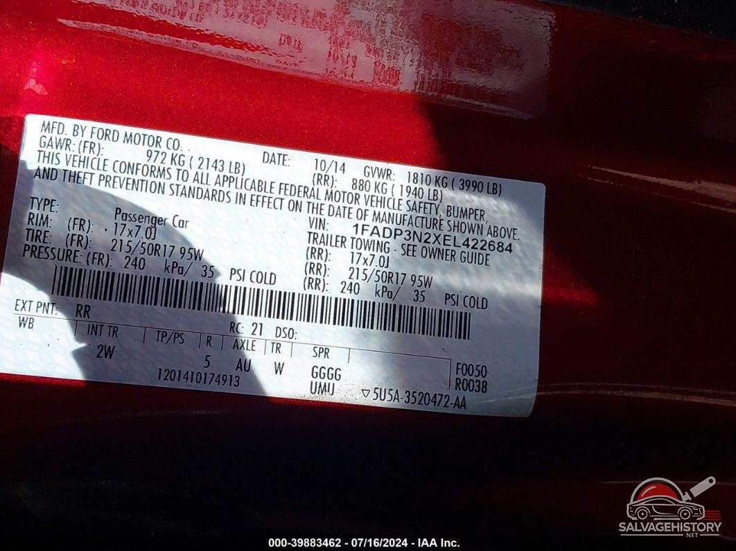 1FADP3N2XEL422684 2014 FORD FOCUS photo no. 9