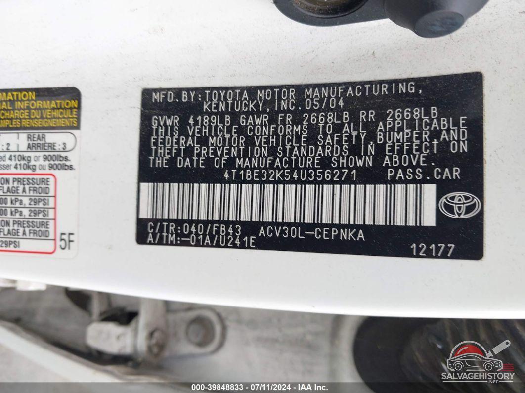 4T1BE32K54U356271 2004 TOYOTA CAMRY photo no. 9