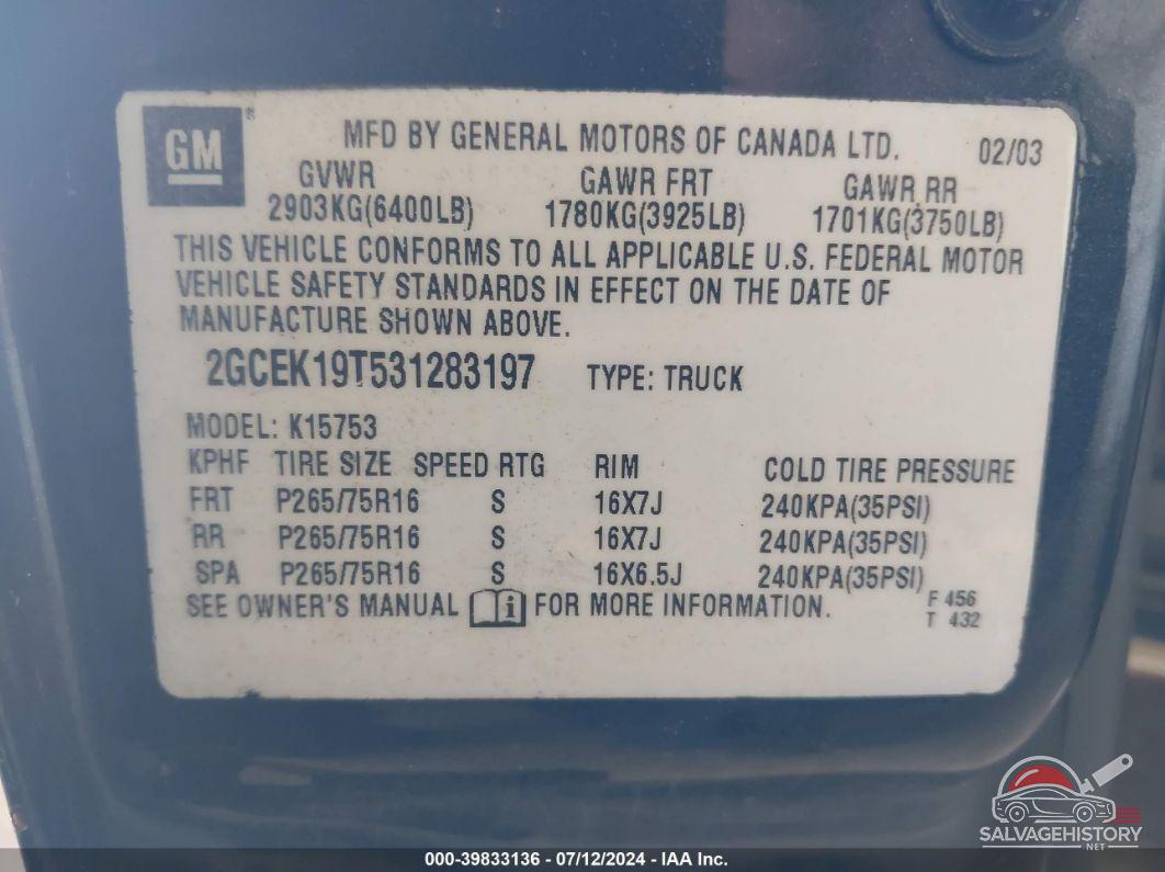 2GCEK19T531283197 2003 CHEVROLET SILVERADO 1500 photo no. 9