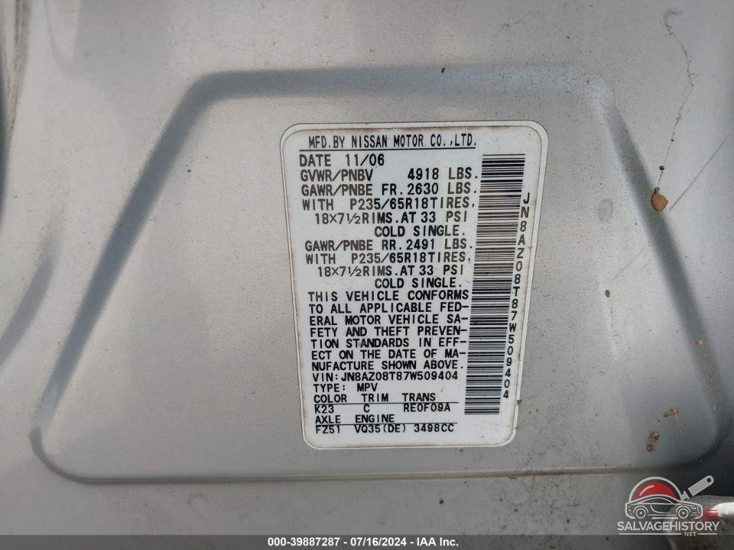 JN8AZ08T87W509404 2007 NISSAN MURANO photo no. 9