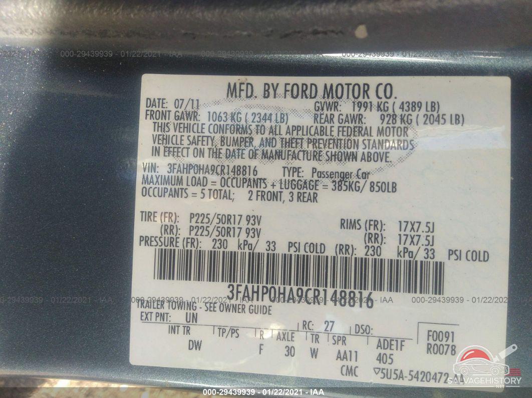 3FAHP0HA9CR148816 2012 FORD FUSION photo no. 9