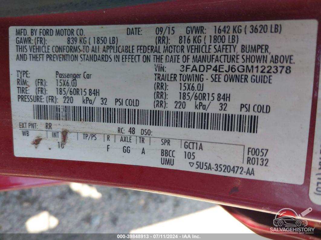 3FADP4EJ6GM122378 2016 FORD FIESTA photo no. 9