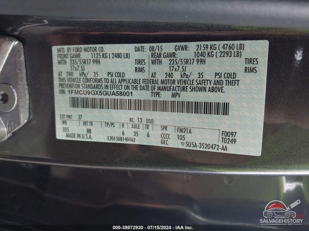 1FMCU9GX5GUA58001 2016 FORD ESCAPE photo no. 9