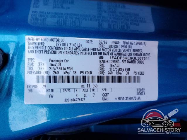 1FADP3KE8GL367511 2016 FORD FOCUS photo no. 12