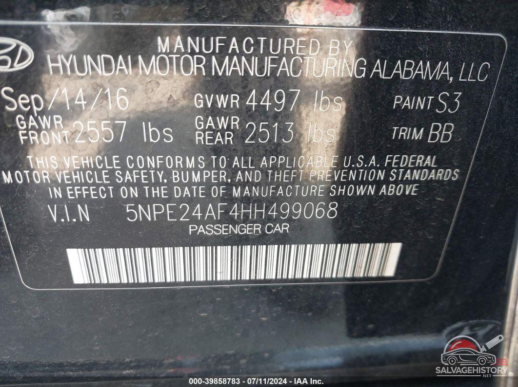 5NPE24AF4HH499068 2017 HYUNDAI SONATA photo no. 9