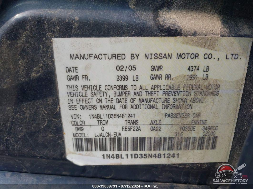 1N4BL11D35N481241 2005 NISSAN ALTIMA photo no. 9