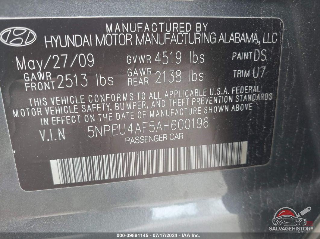 5NPEU4AF5AH600196 2010 HYUNDAI SONATA photo no. 9