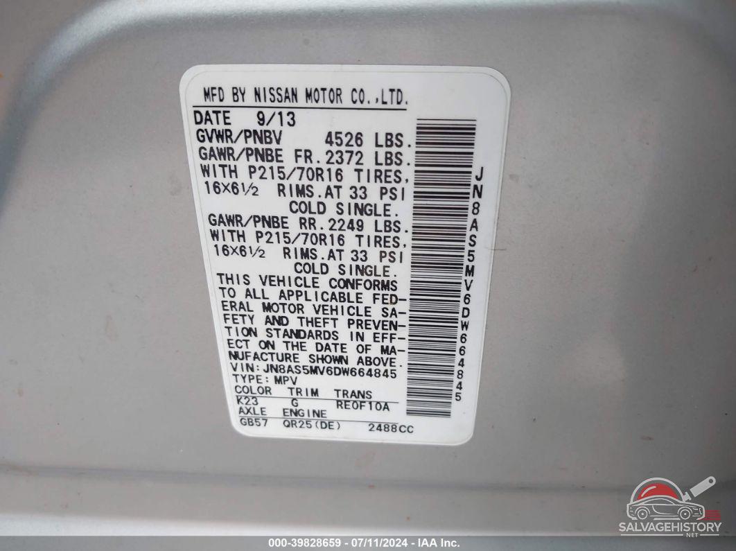 JN8AS5MV6DW664845 2013 NISSAN ROGUE photo no. 9