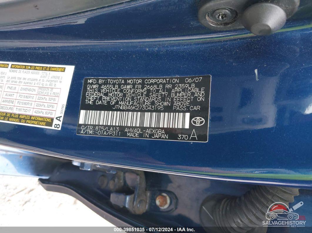 JTNBB46K273043195 2007 TOYOTA CAMRY photo no. 9