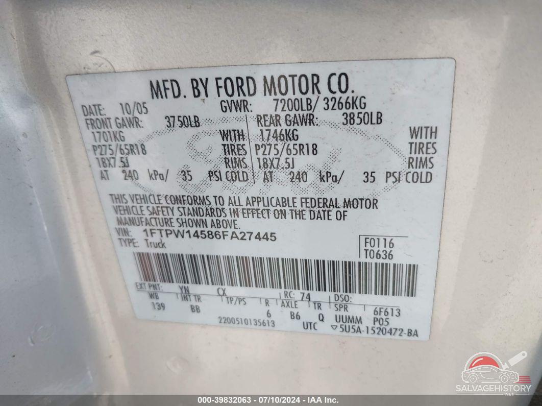 1FTPW14586FA27445 2006 FORD F-150 photo no. 9