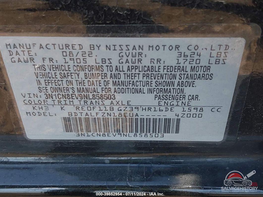 3N1CN8EV9NL858503 2022 NISSAN VERSA photo no. 9