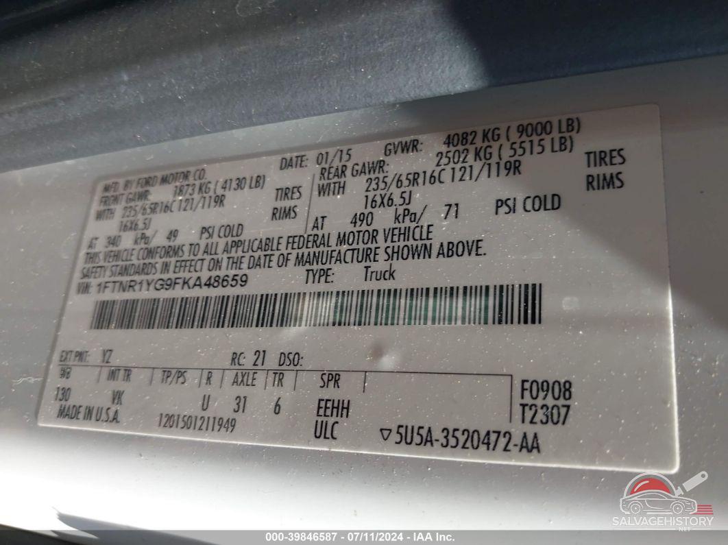 1FTNR1YG9FKA48659 2015 FORD TRANSIT-250 photo no. 9