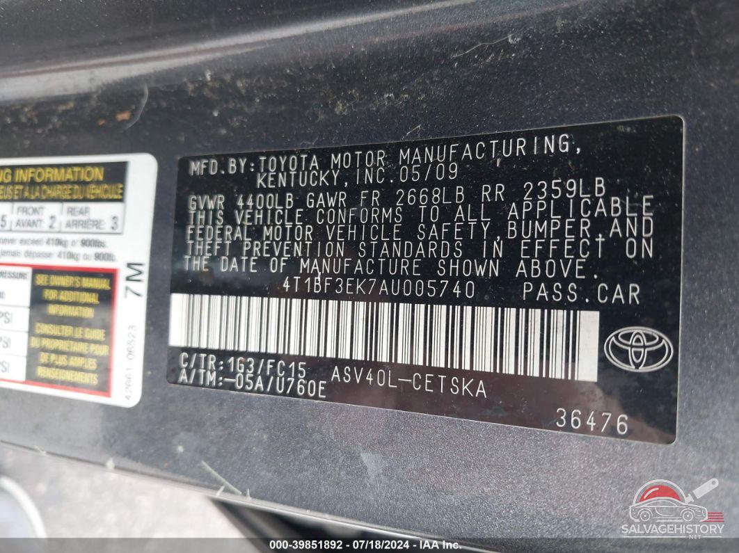 4T1BF3EK7AU005740 2010 TOYOTA CAMRY photo no. 9