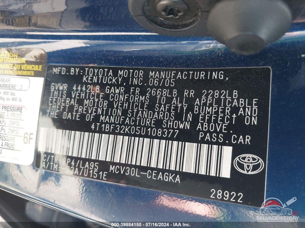 4T1BF32K05U108377 2005 TOYOTA CAMRY photo no. 9